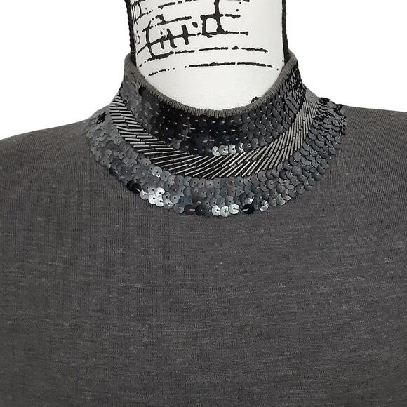 Vintage 90s Sequin Mock Neck Sweater Beaded Gray Long Sleeve Womens M Dynasty - Picture 5 of 11